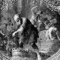 "Noe pflanzt einen Weingarten" (Genesis IX, 20). Das �lgem�lde auf der Innungsfahne der Kremser Fa�binder von 1778, jetzt im Kremser Weinmuseum, z�hlt zu den sch�nsten Arbeiten Johann Martin Schmidts, des ber�hmten "Kremser Schmidt". (Foto Bundesdenkmalamt)